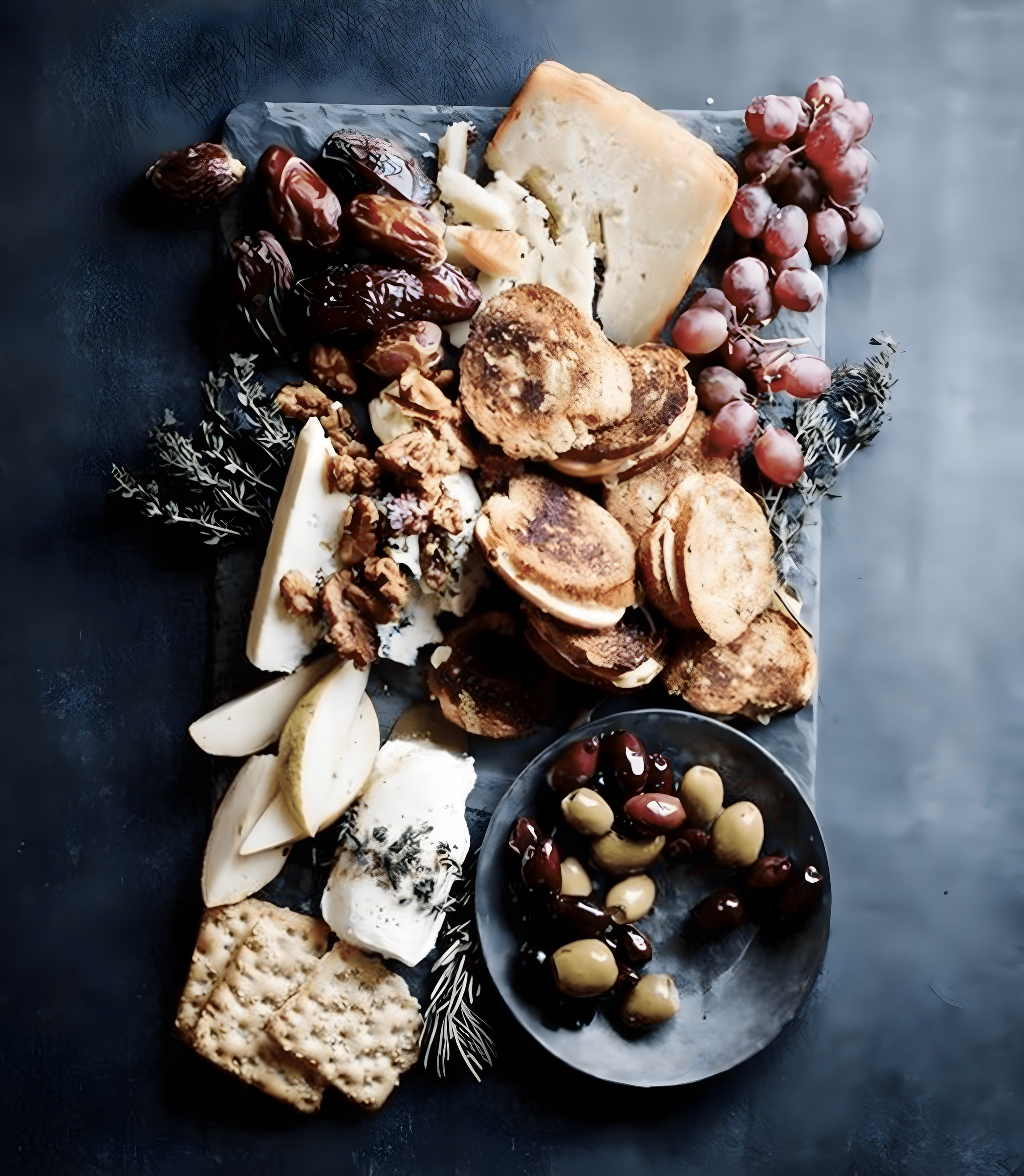 Brett mit Käse, Datteln, Trauben, Walnüssen, Oliven und Crackern.