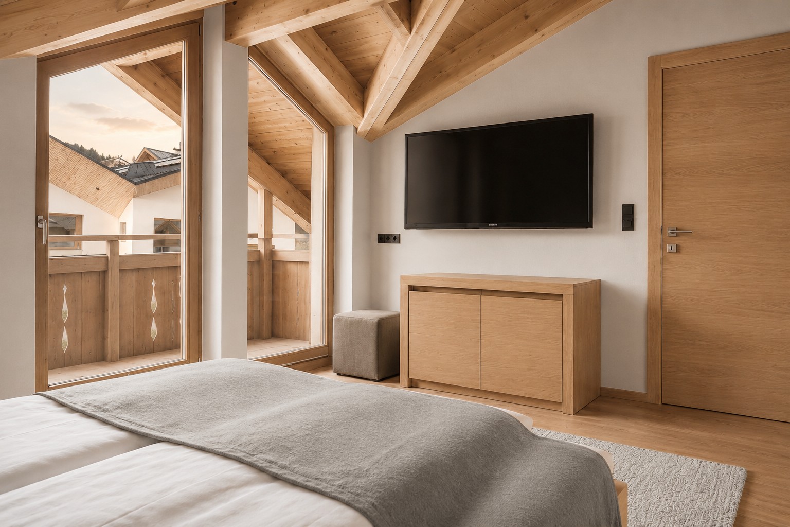 Hütten Suite: Schlafen und Wohnen getrennt, Badewanne im Bad. Nordseitig und entsprechend ruhig.