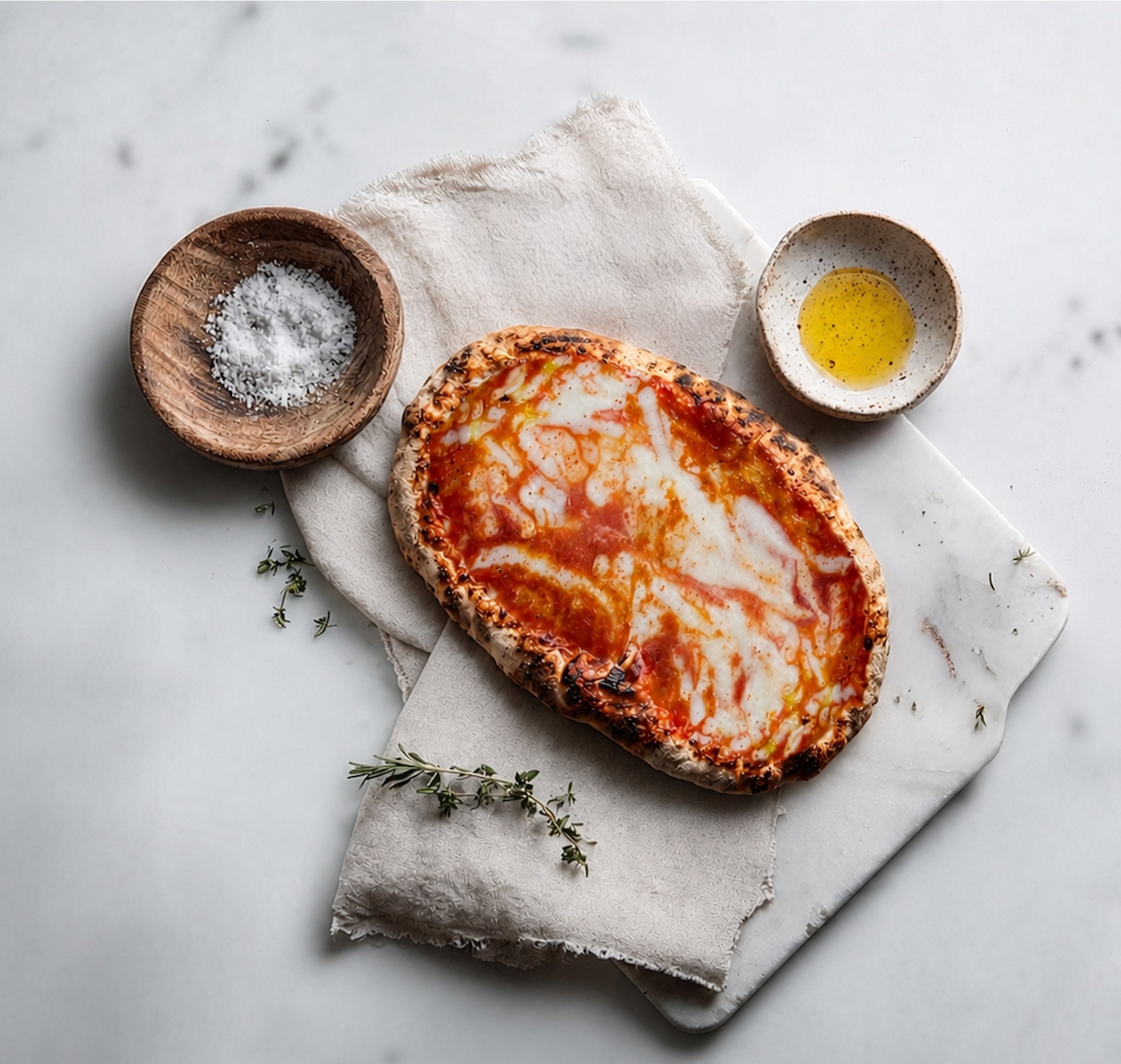 Pinsa mit Tomatensauce und Mozzarella auf Marmorbrett, daneben Salz und Olivenöl.
